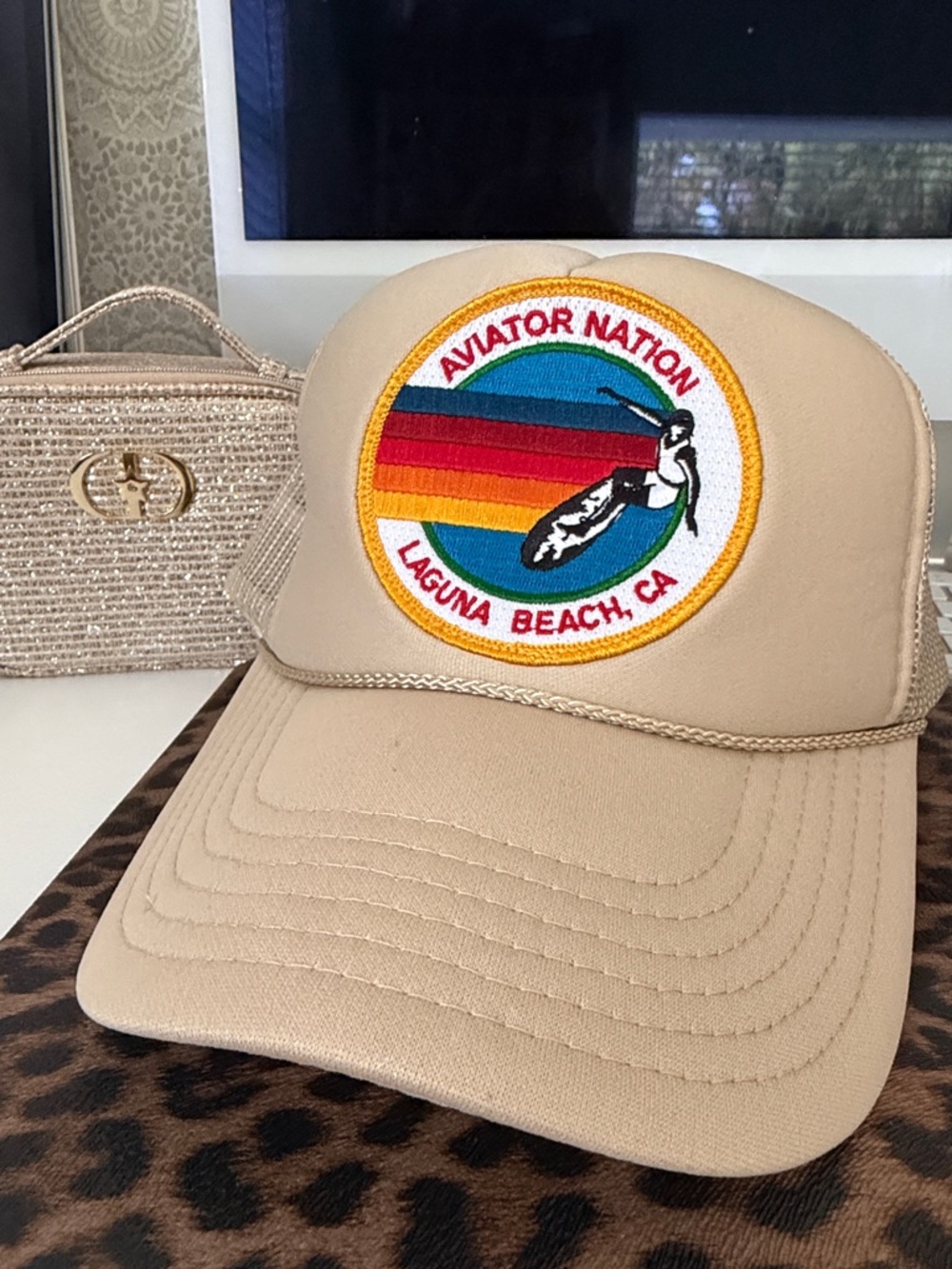 Aviator Nation Beige Trucker Hat with Retro Rainbow Patch